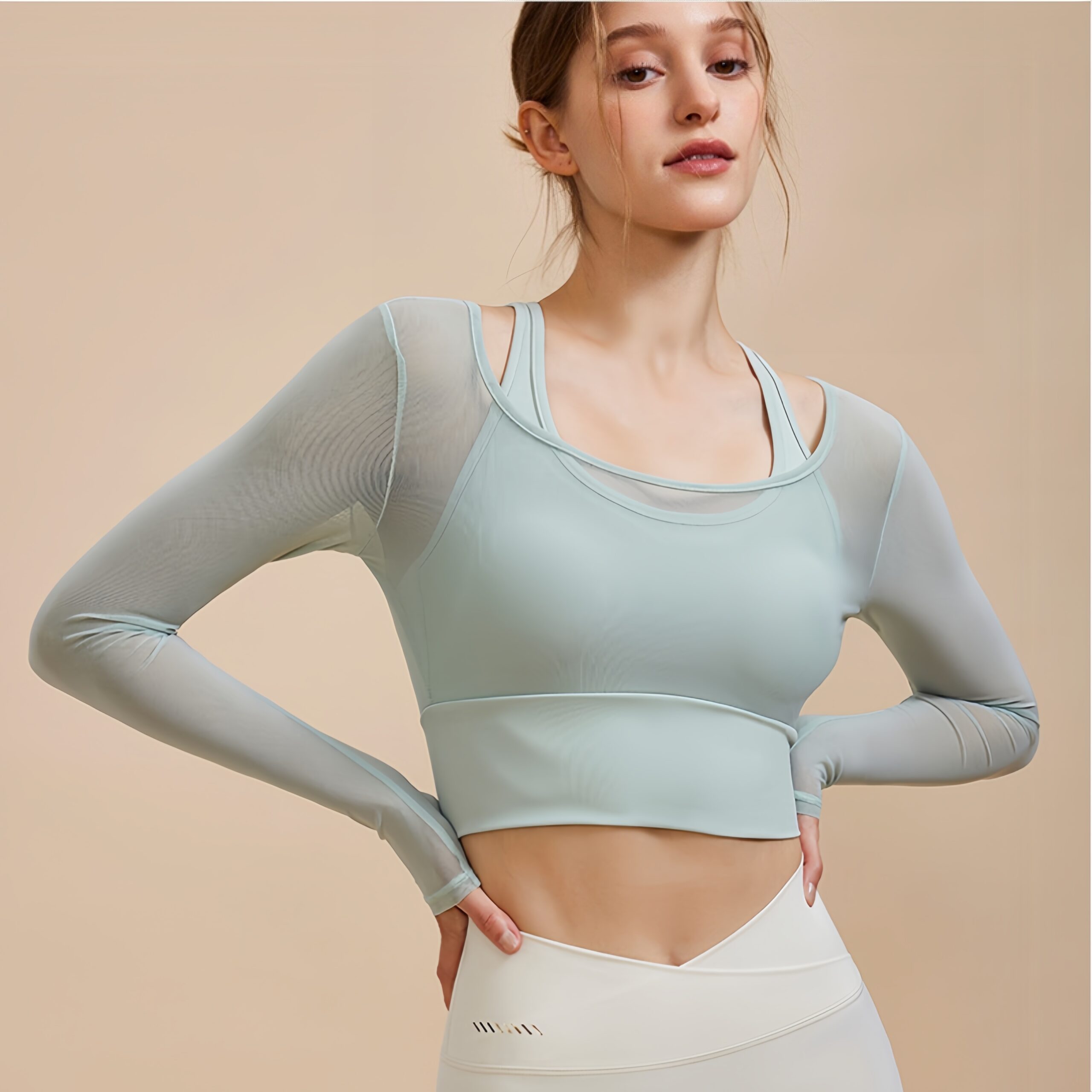 Yoga clothing tops advanced sense of mesh long-sleeved false two pieces