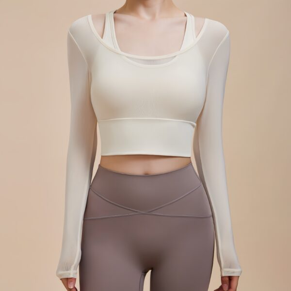 Yoga clothing tops advanced sense of mesh long-sleeved false two pieces