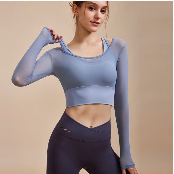 Yoga clothing tops advanced sense of mesh long-sleeved false two pieces - Image 5
